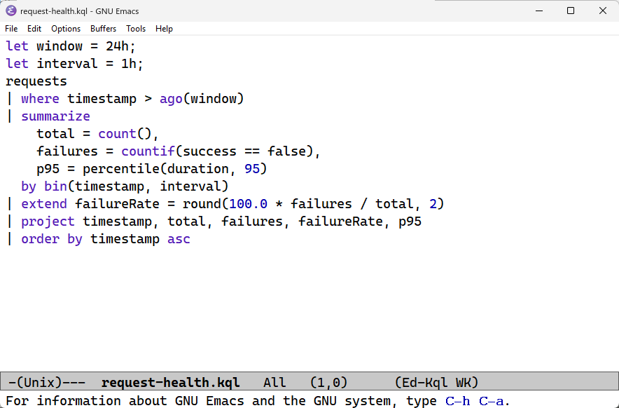 A Kusto Query Language query open in the custom ed KQL mode.