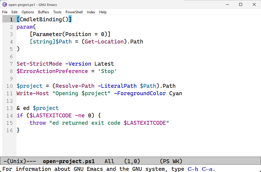 A PowerShell script open in Emacs with line numbers and syntax highlighting.