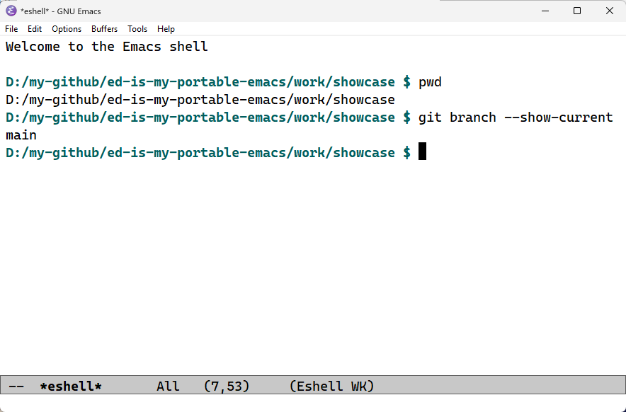 The Emacs shell showing the current project directory and the main Git branch.