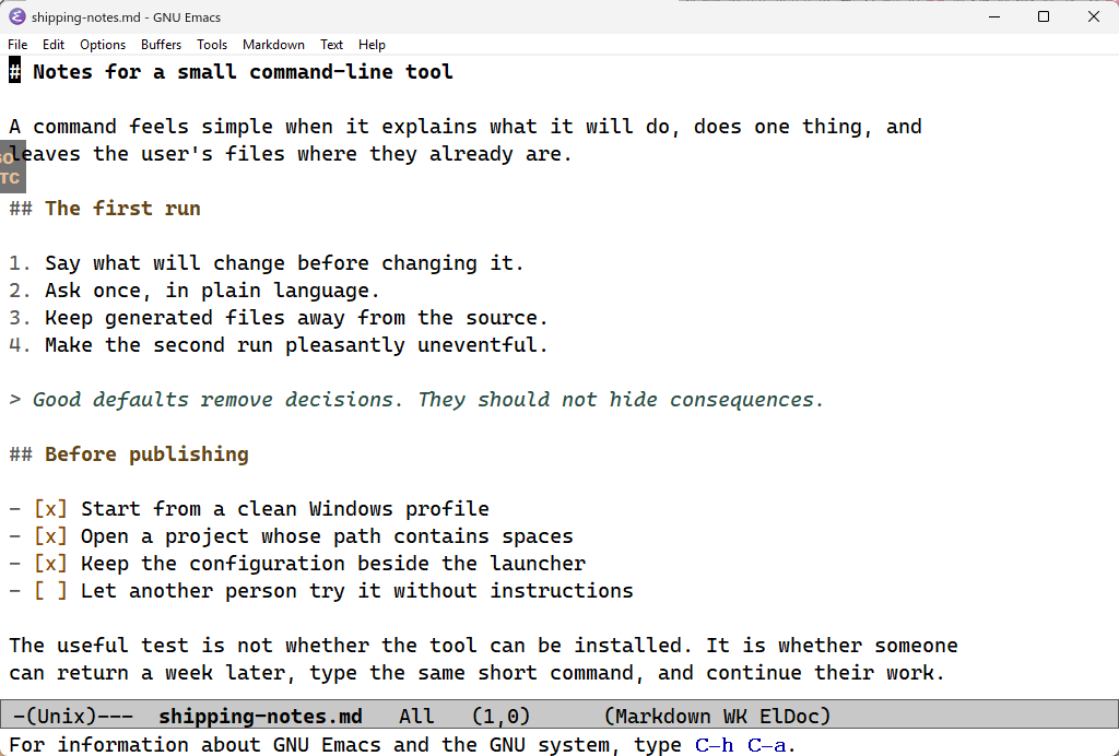 Emacs displaying a Markdown note with a heading, numbered steps, a quotation, and a checklist in a light theme.